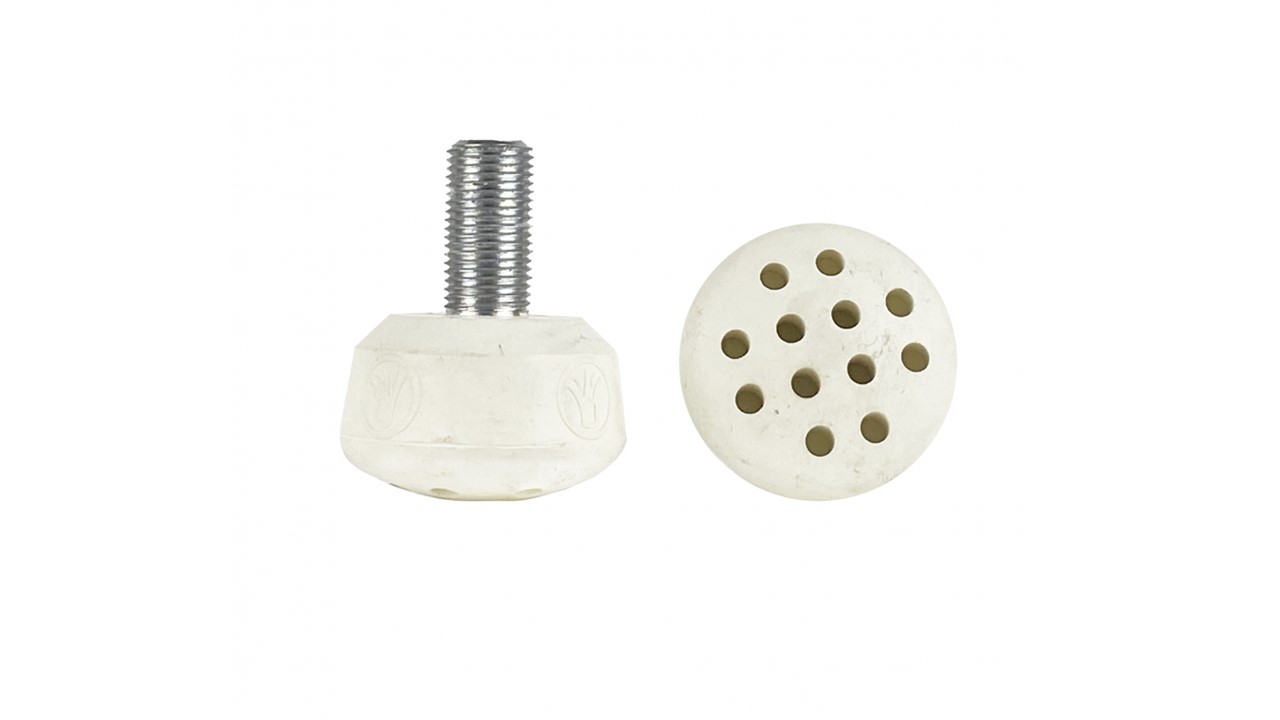 Par de apoios de silicone brancos com parafuso e superfície perfurada.