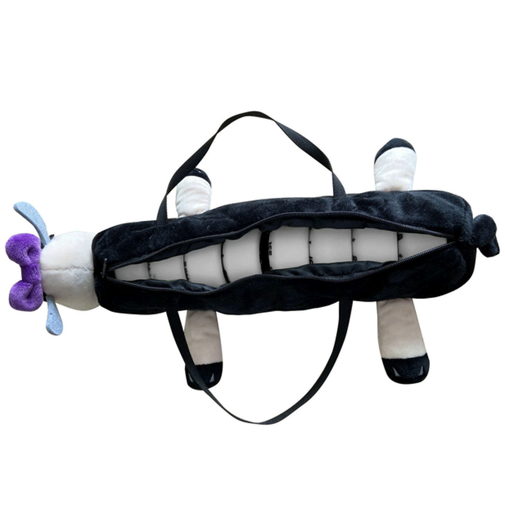 Mochila de peluche em forma de cão preto e branco com orelhas roxas