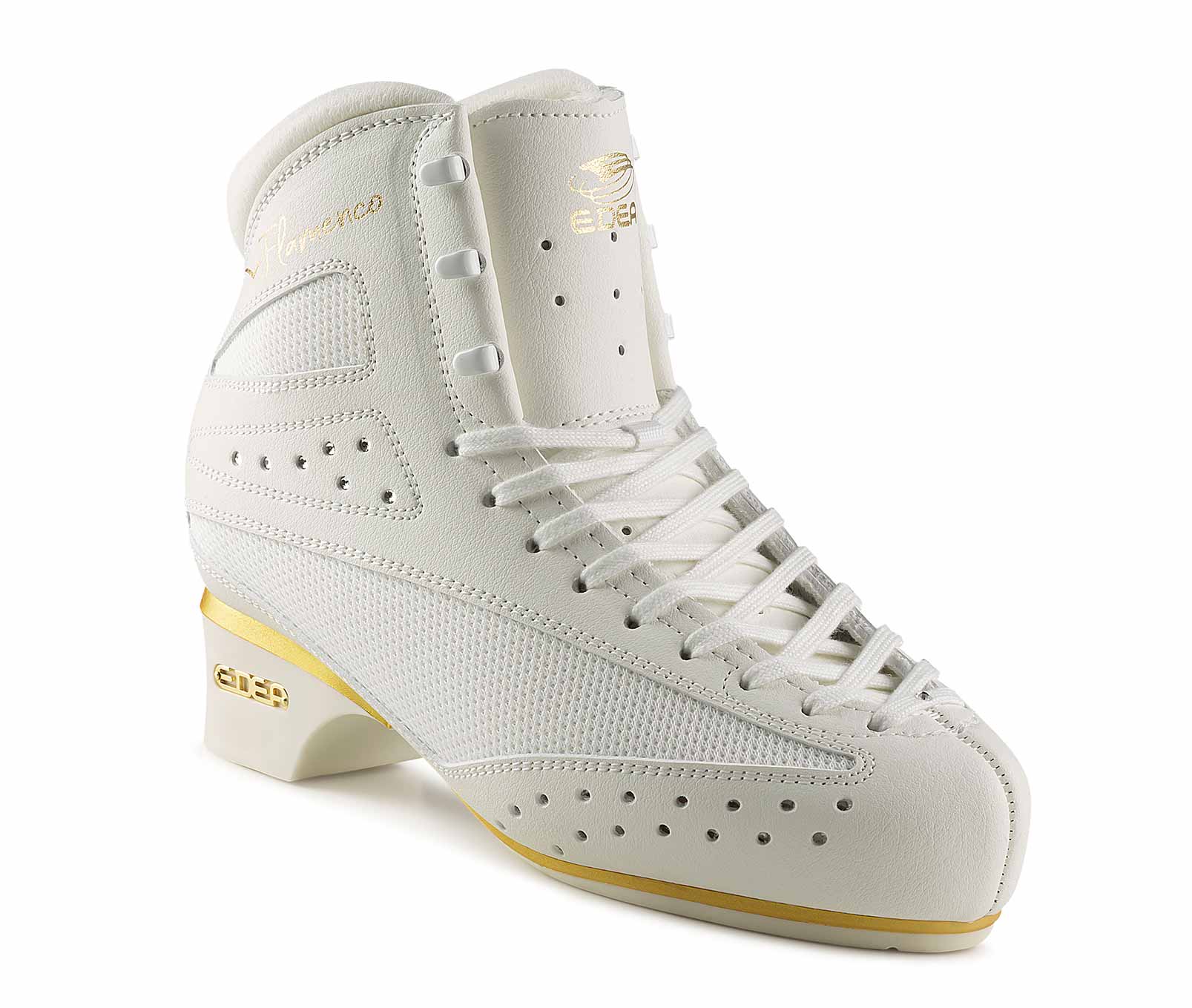 Patim de gelo branco com detalhes dourados e cadarços brancos