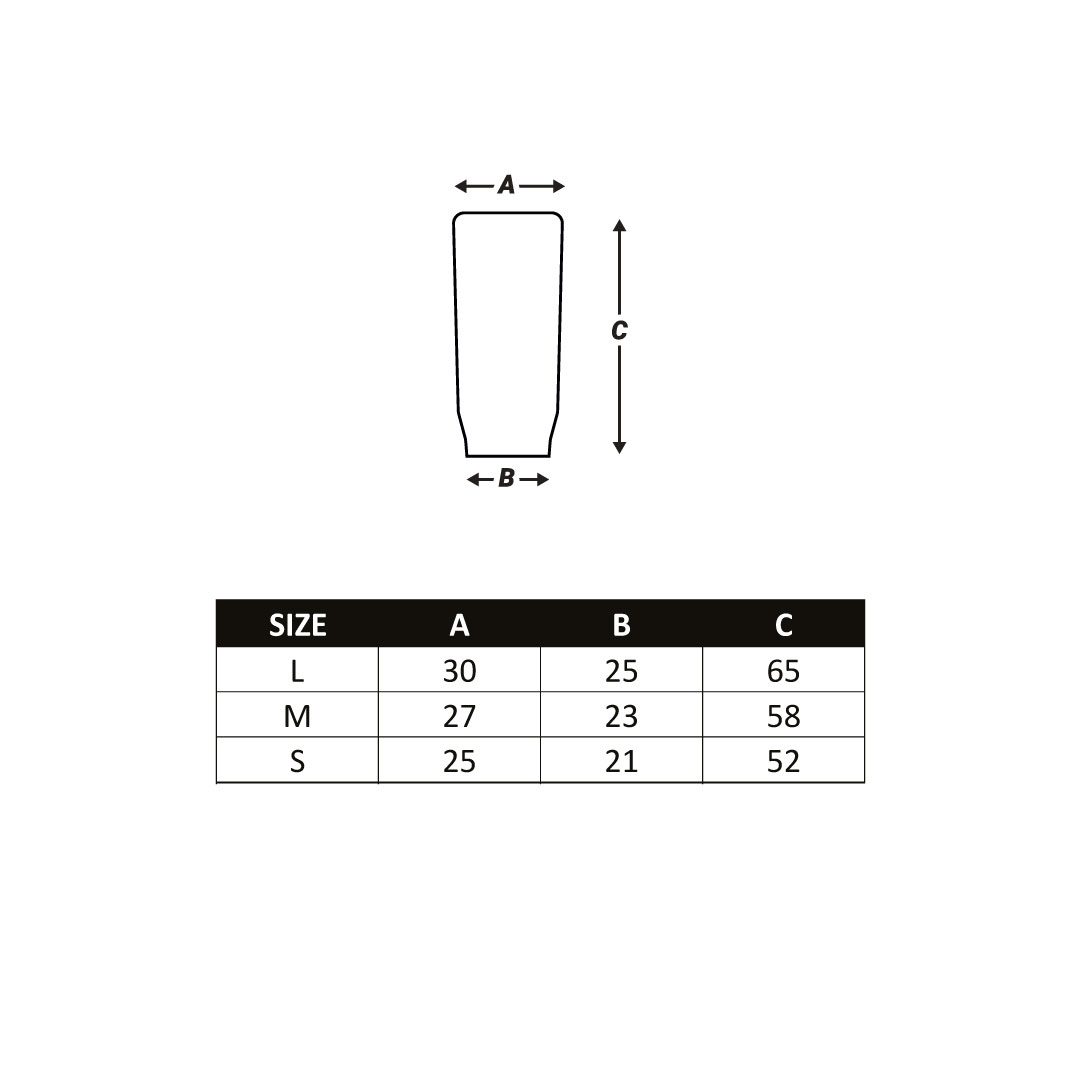 Tabela de dimensões para três tamanhos de copo com medidas A, B e C.