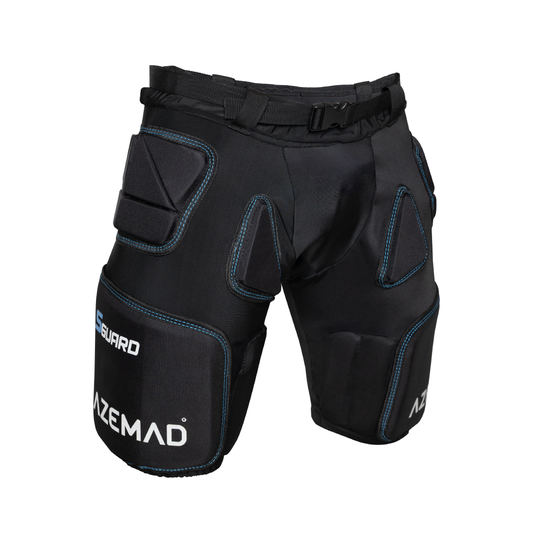 Calções de proteção pretos com costuras azuis e reforços acolchoados