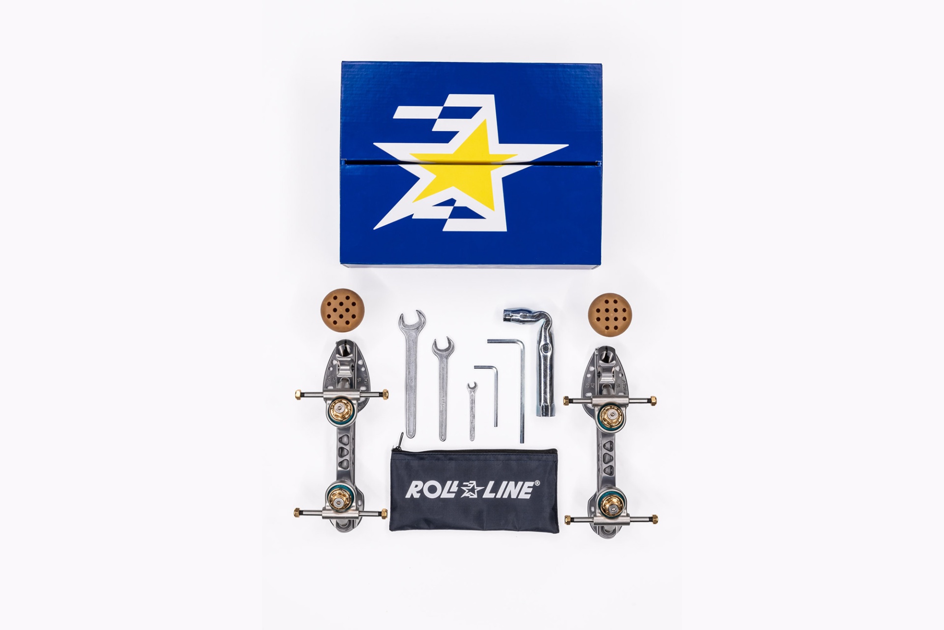 Conjunto de peças de patins artesanais com ferramentas e caixa azul com estrela amarela e branca