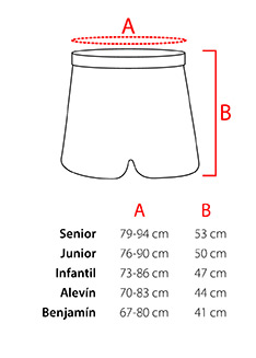 Ilustração de calções com medidas e tabela de tamanhos em cm