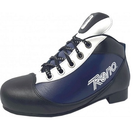 Sapato de ski azul, preto e branco com inscrição Reno