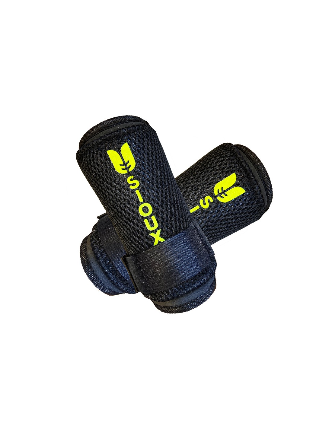 Protetores pretos para antebraços com texto SIOUX amarelo