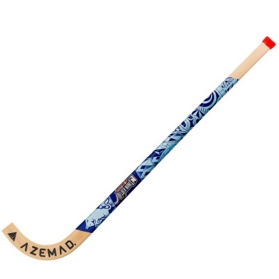 Stick de hóquei em madeira com decoração azul e branca e ponteira vermelha