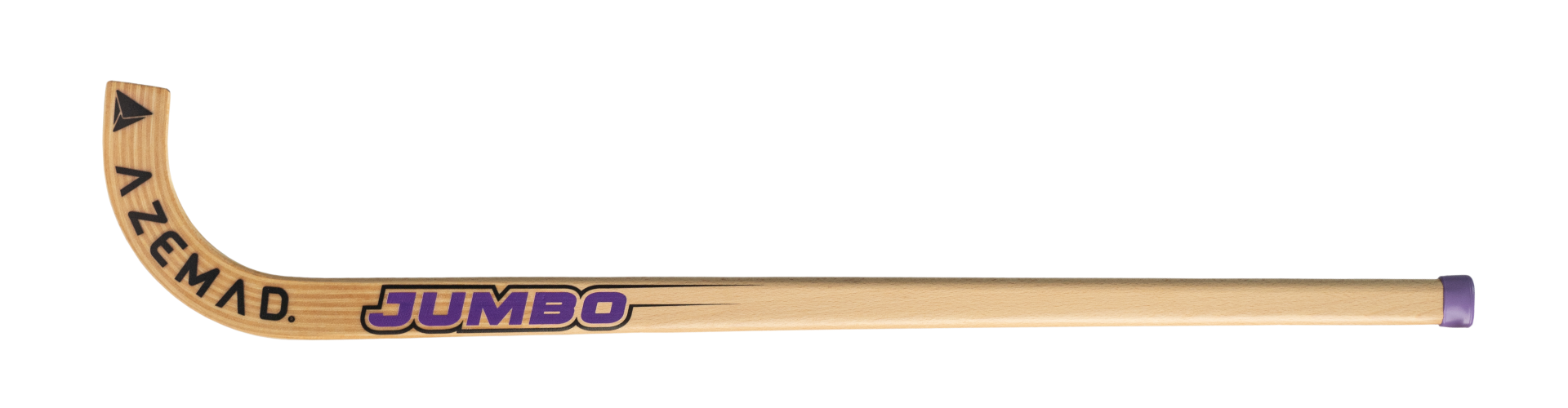 Taco de hóquei em patins em madeira clara com texto AZEMAD e GUMBO roxo