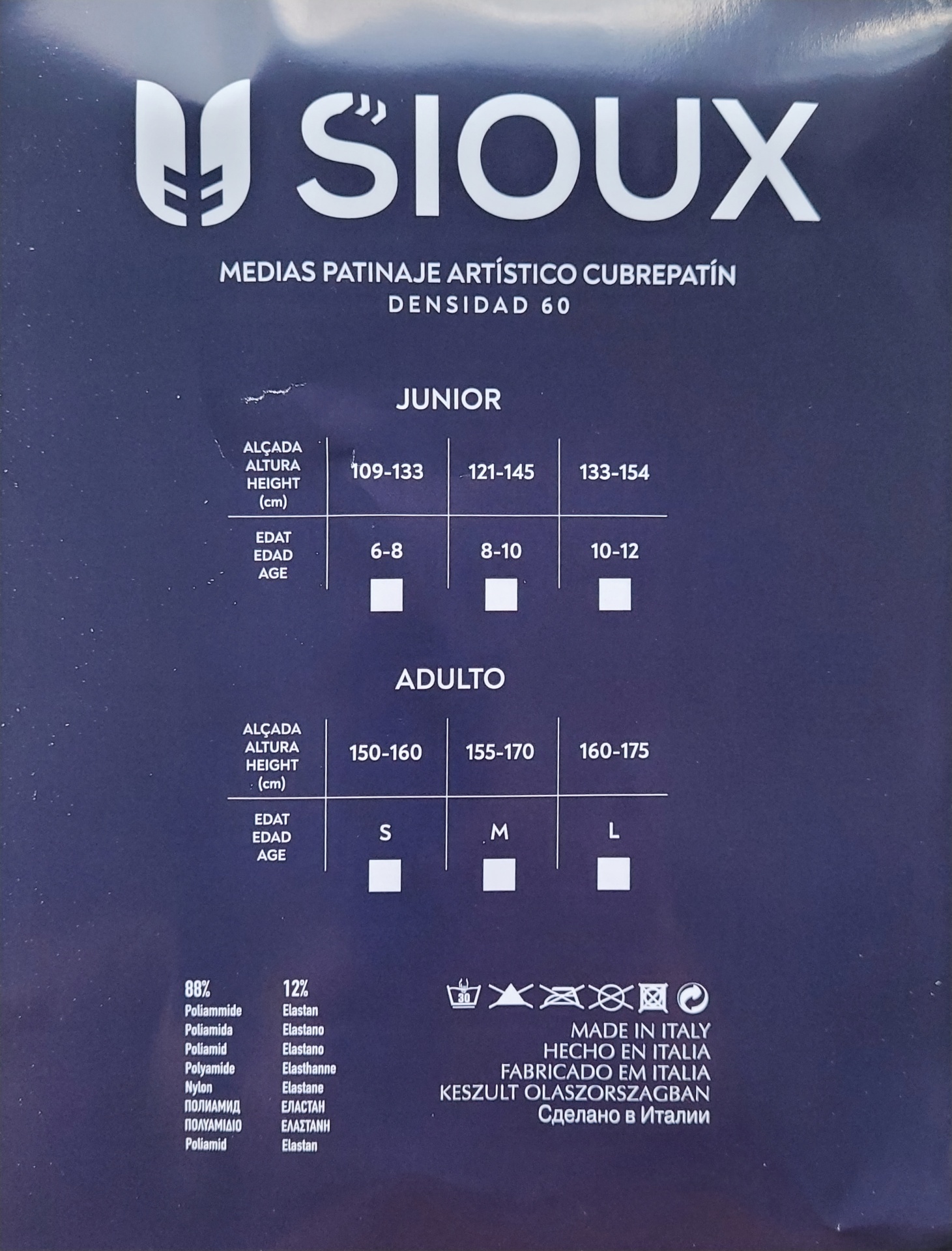 Etiqueta azul escura com texto branco de meias patinagem Sioux