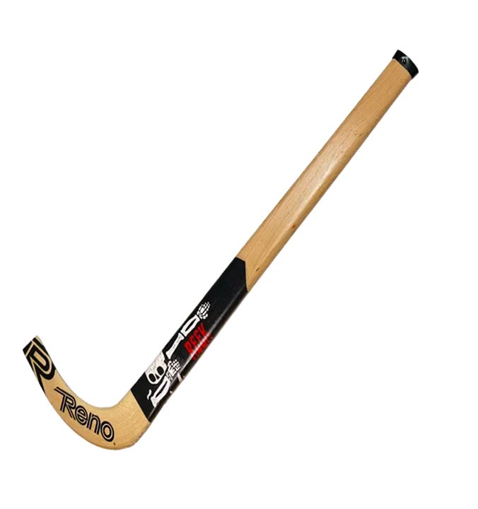 Stick de hóquei em madeira com detalhes pretos e texto Reno