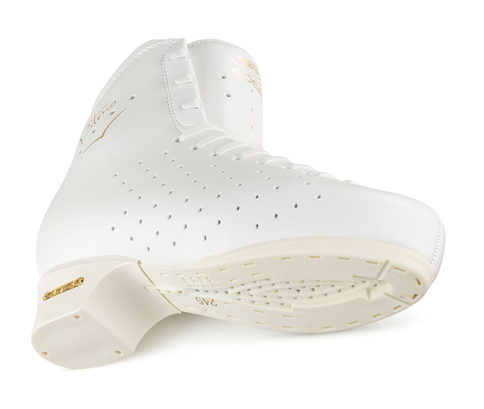 Bota de patinagem artística branca em couro com sola creme e detalhes dourados