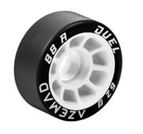 Roda preta de skate com núcleo branco e texto branco na borda.