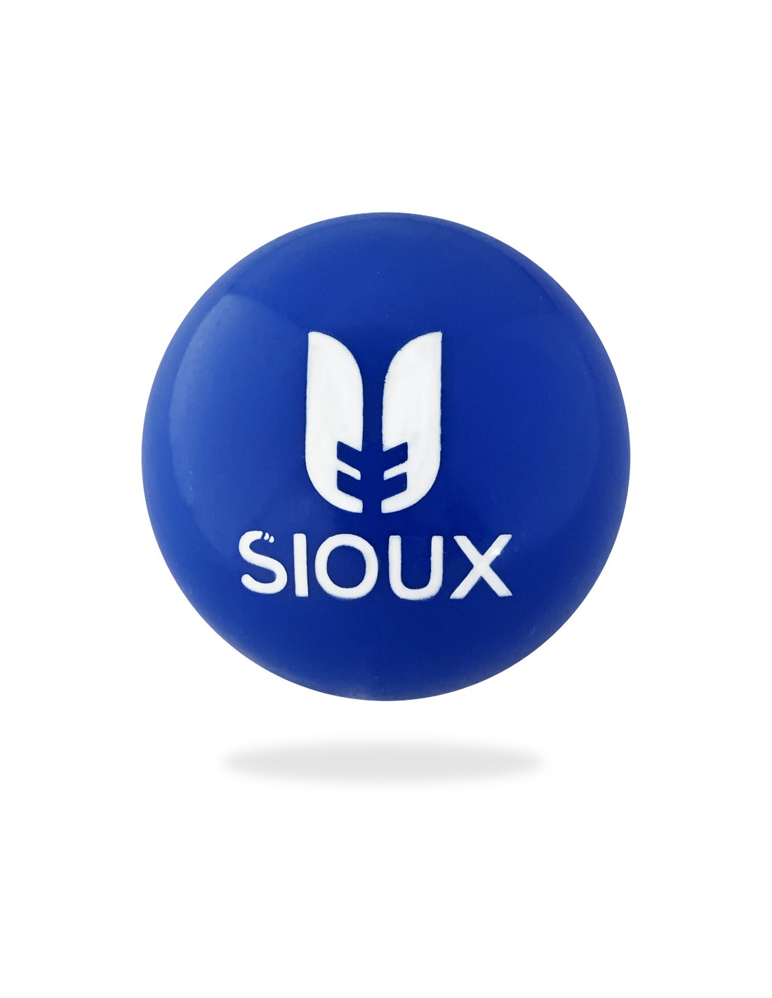 Botão plástico azul com logo branco e texto SIOUX.