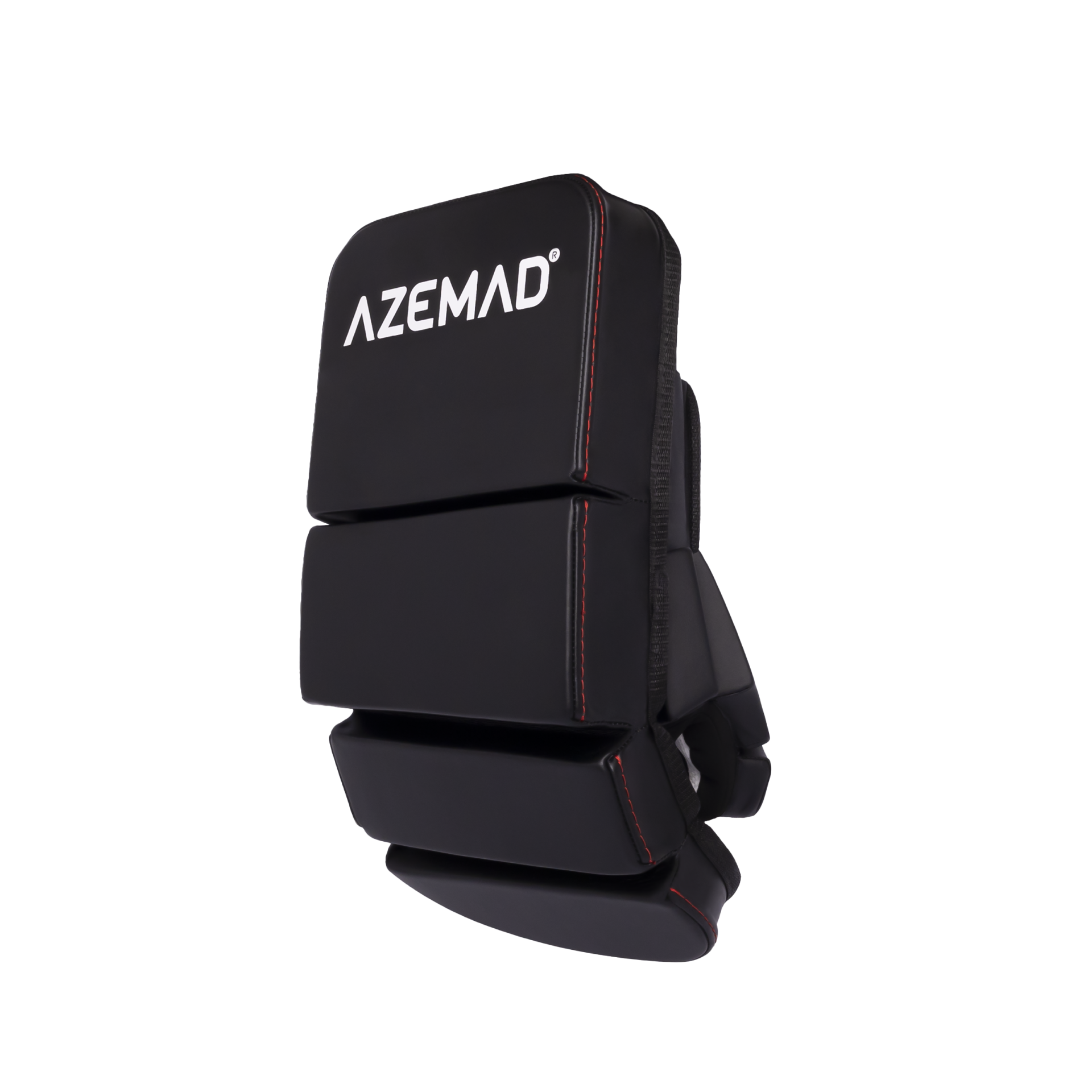 Bolsa preta AZEMAD com detalhes vermelhos e branco em fundo branco