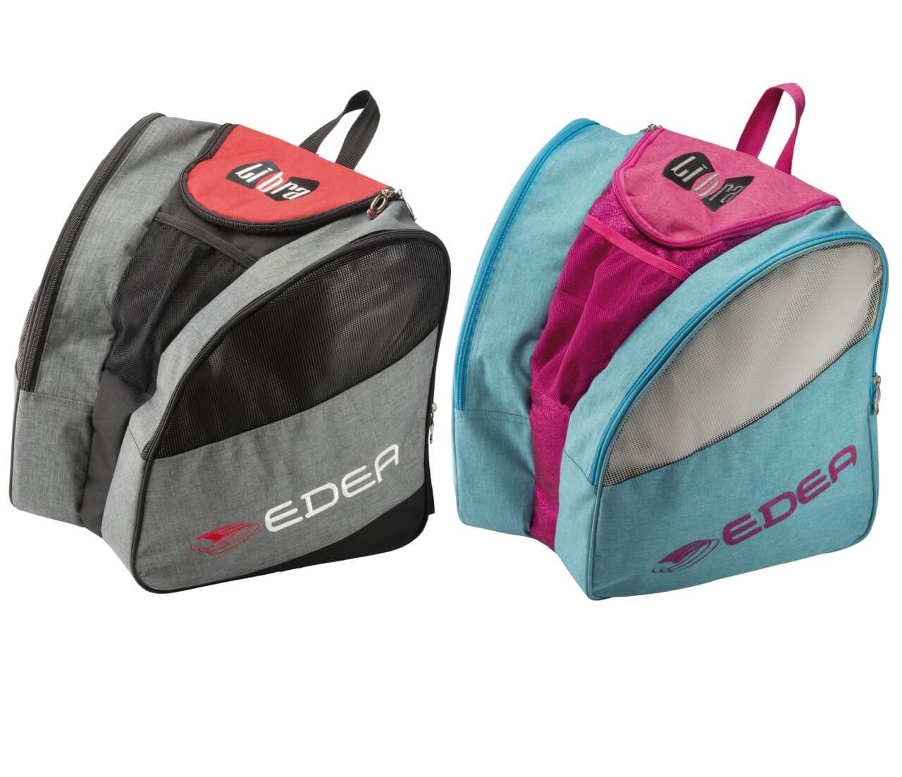 Dois sacos para sapatos de patins da marca EDEA em cinza/vermelho/preto e azul claro/rosa/branco