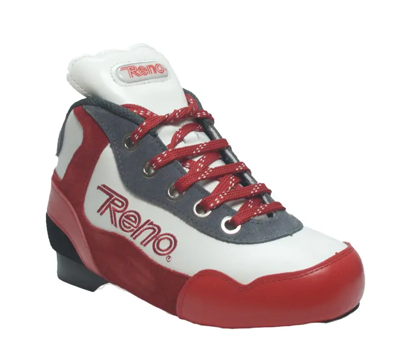Tênis branco, vermelho e cinzento com atacadores vermelhos e logo Reno