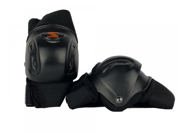 Par de proteções de cotovelo e joelho pretas para desporto com tiras ajustáveis e plástico rígido