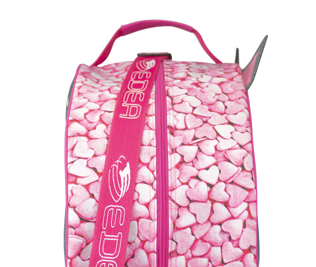 Bolsa térmica rosa com padrão de corações brancos e alça rosa com texto 'EDEA'.