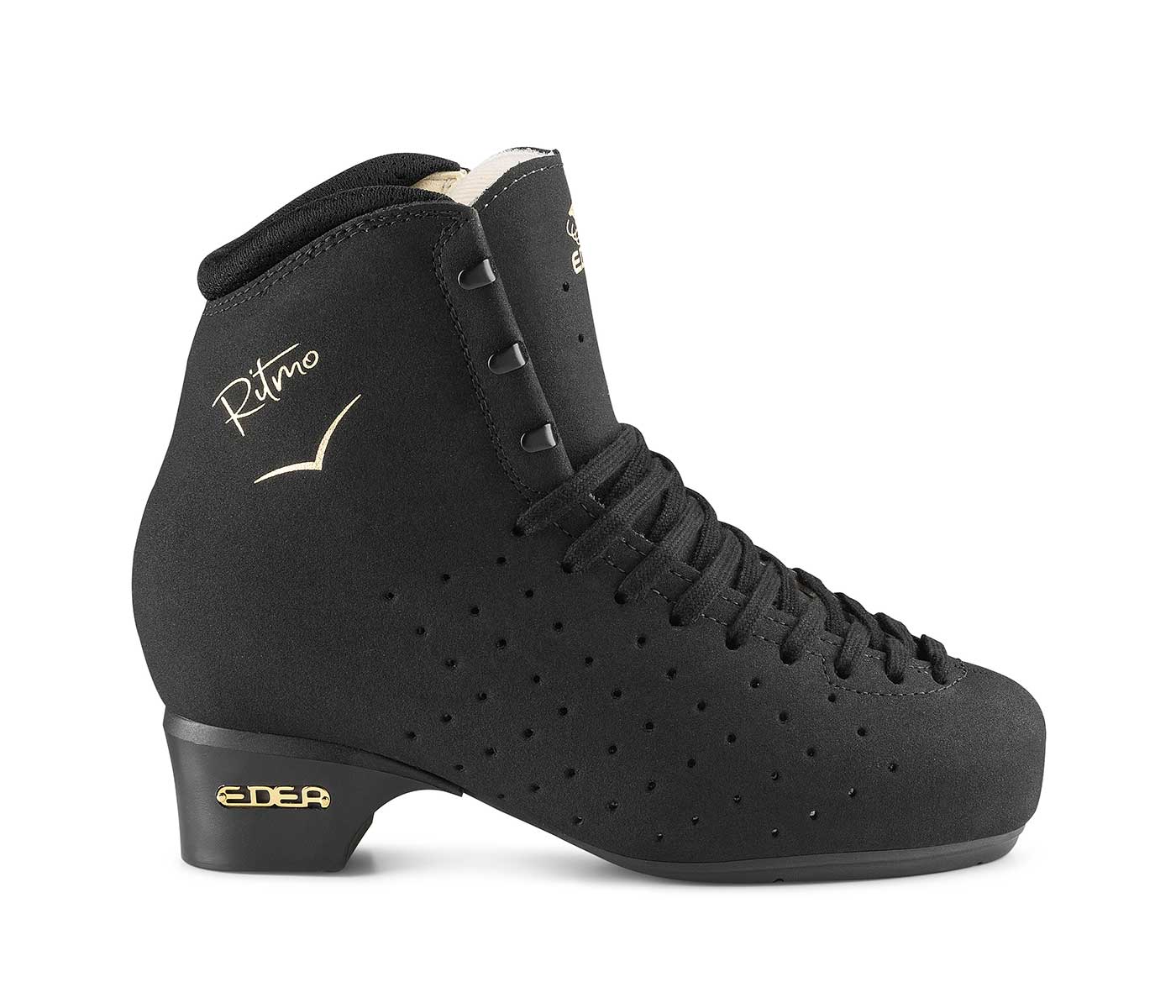 Bota de patinagem artística preta com detalhes dourados