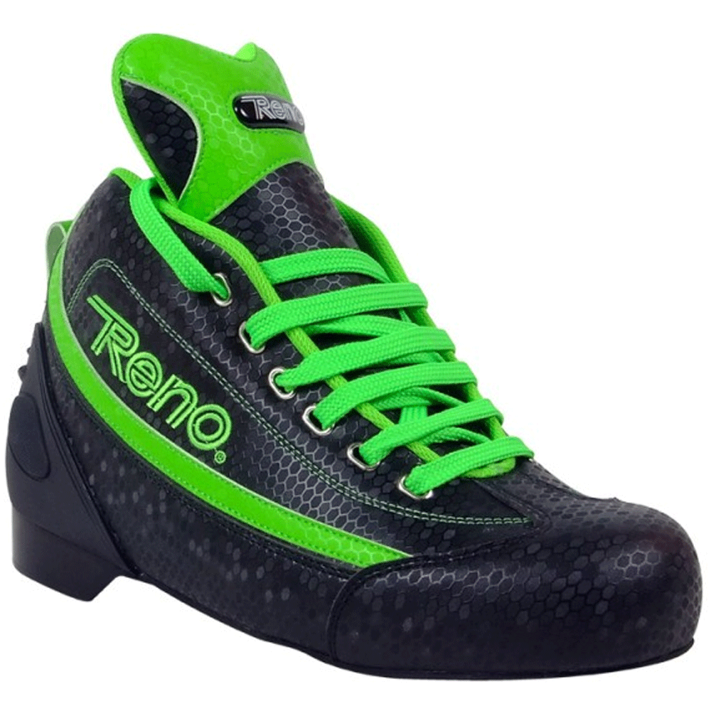 Ténis desportivo preto e verde da marca Reno com padrão hexagonal e atacadores verdes