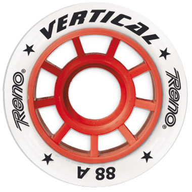 Roda de patins branca com núcleo vermelho e texto preto