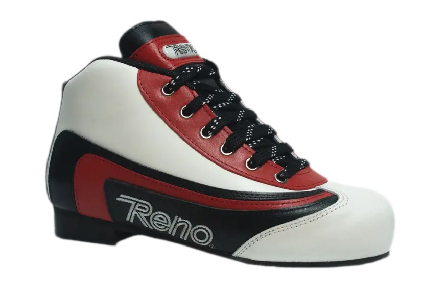 Bota de esqui branca, vermelha e preta com logótipo Reno e atacadores pretos.