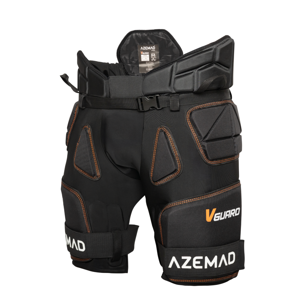 Calças de proteção pretas com espuma acolchoada e detalhes em laranja