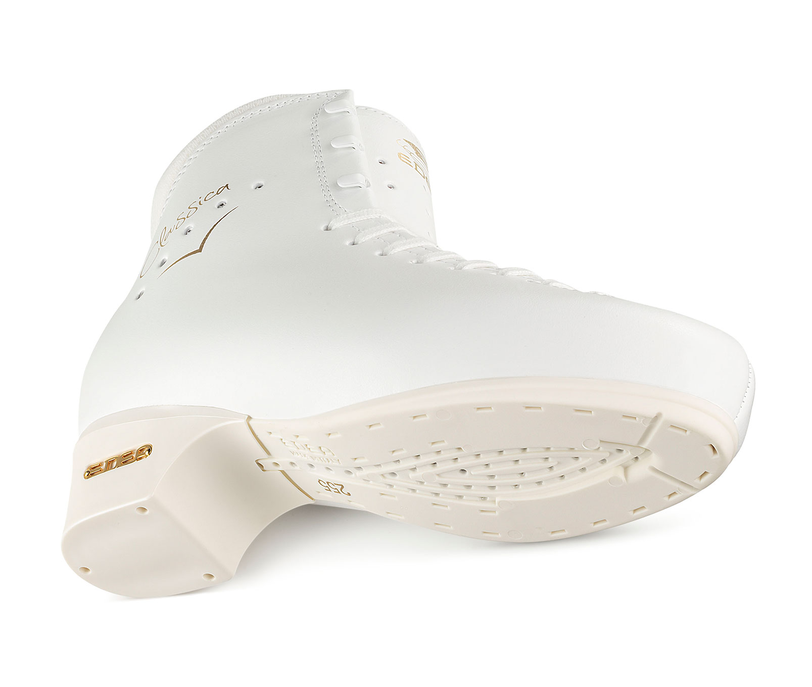 Bota de patinagem branca com detalhes dourados