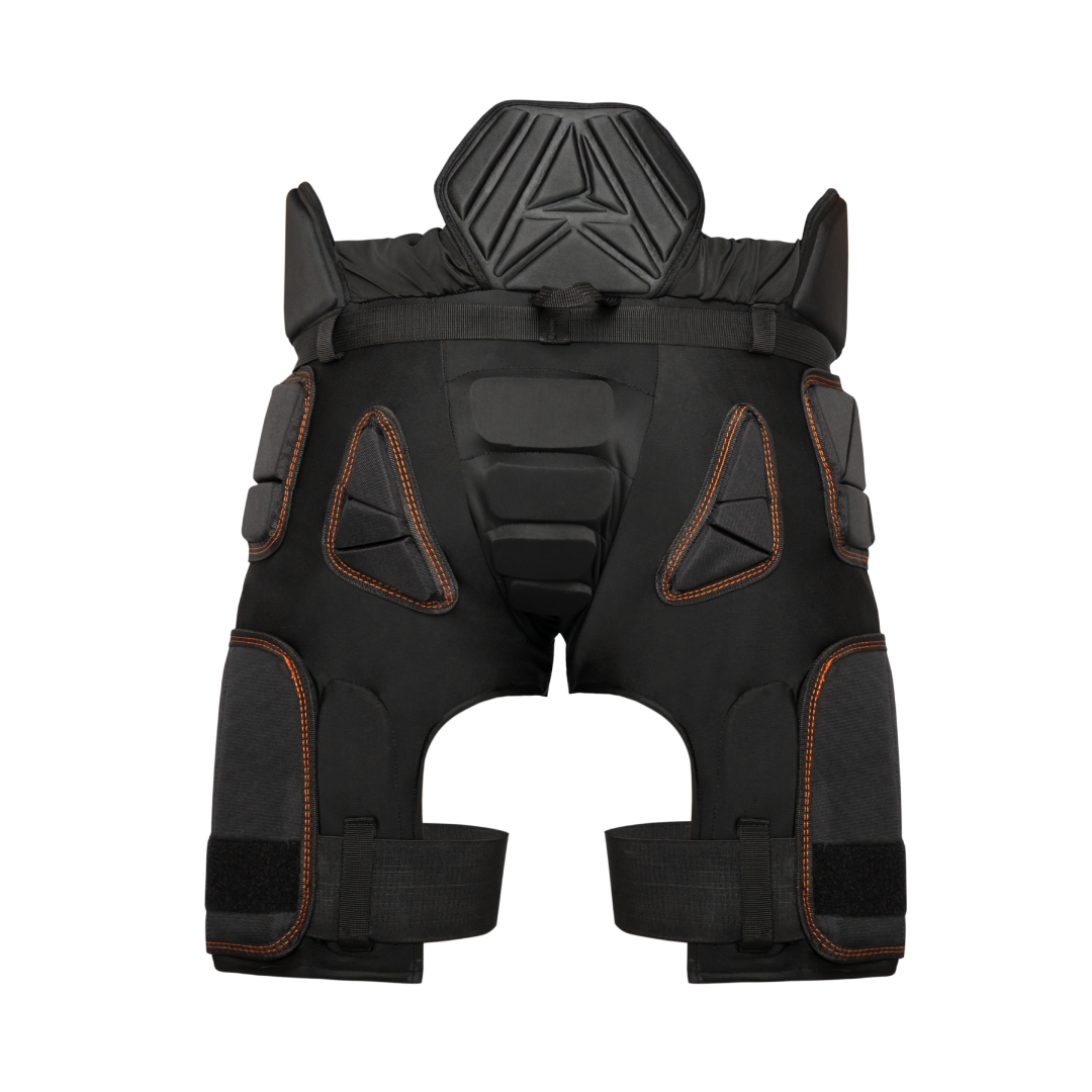 Calças de proteção pretas com áreas acolchoadas e apoio lombar