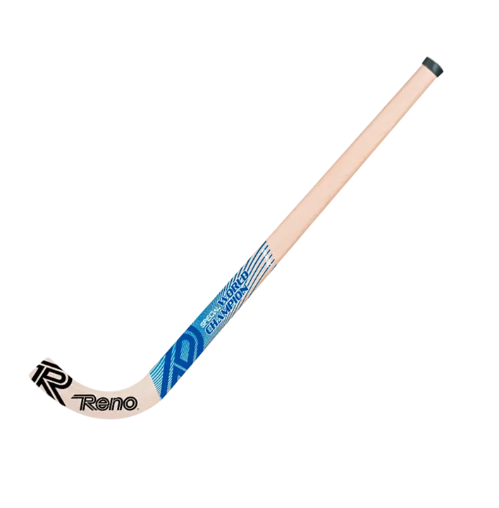 Pau de hóquei em patins de madeira com detalhes em azul e texto Reno e World Champion