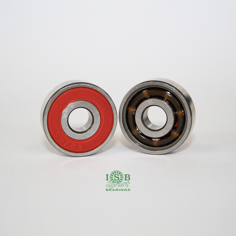 Dois rolamentos de esferas metálicos, um vedado vermelho e outro aberto com esferas visíveis, sobre fundo branco com logo ISB BEARINGS