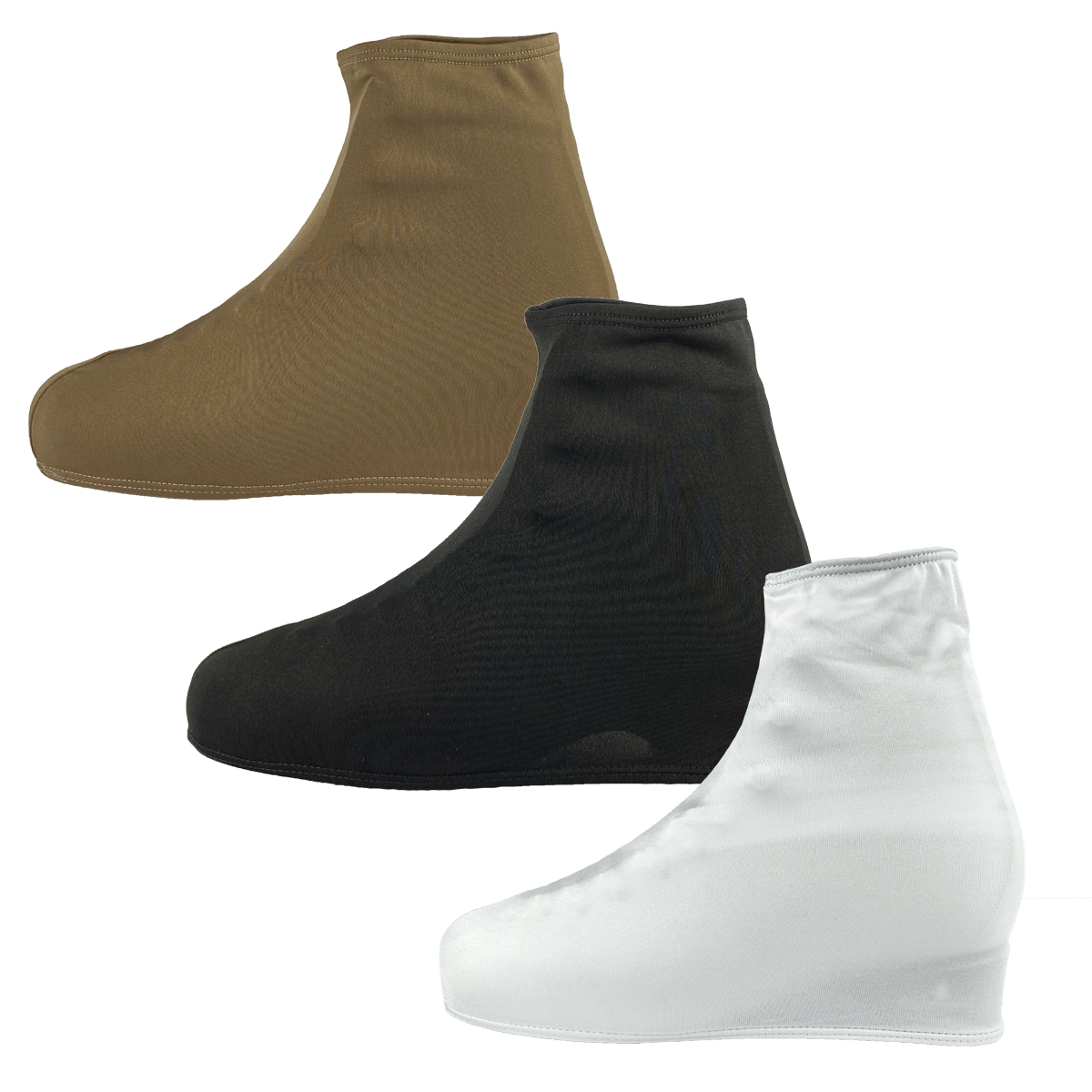 Três capas de sapatos elásticas nas cores castanho, preto e branco