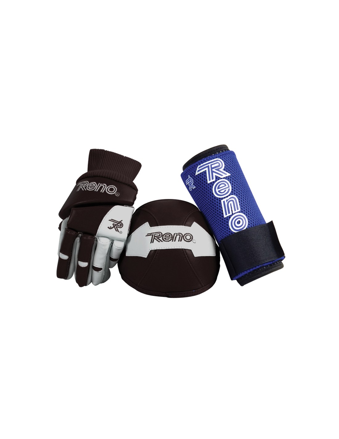 Conjunto de equipamento desportivo com bola, luva e protetor, marca Reno
