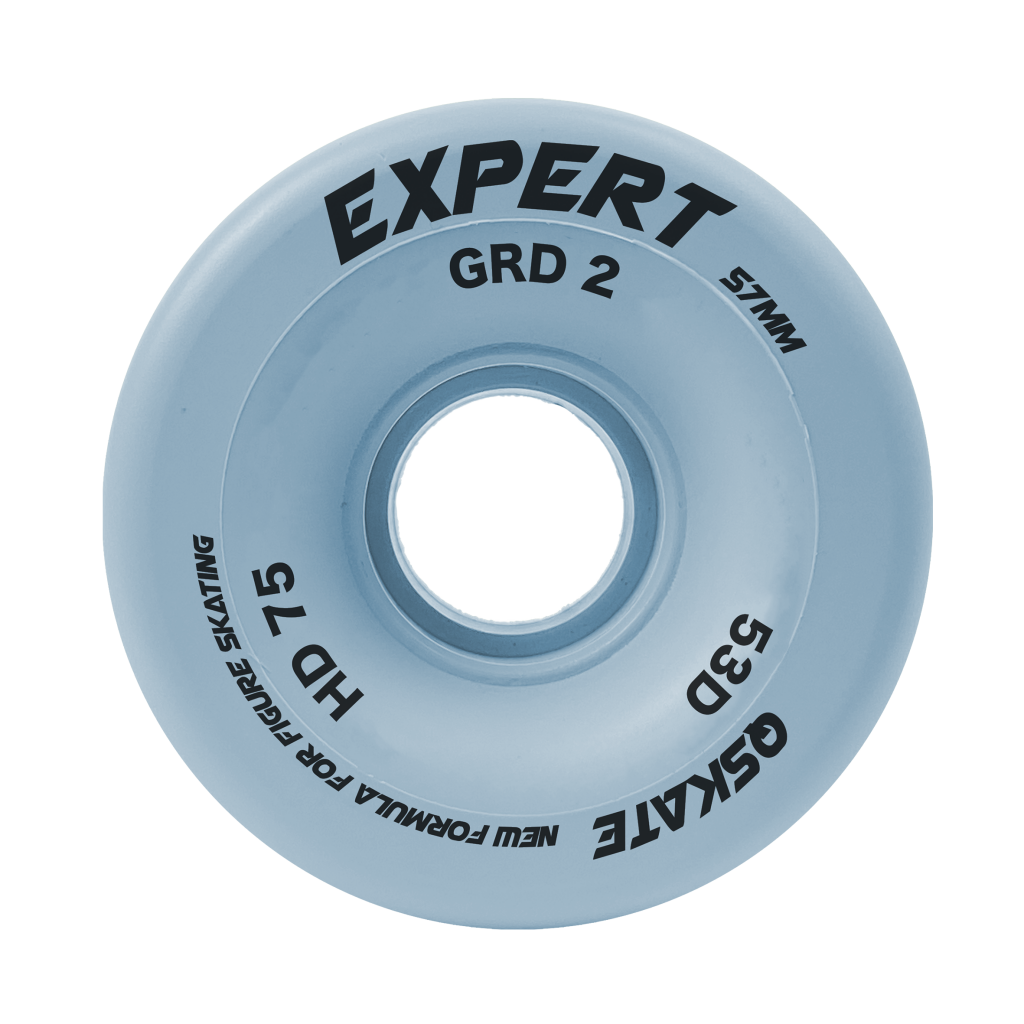 Roda de skate azul claro com texto preto