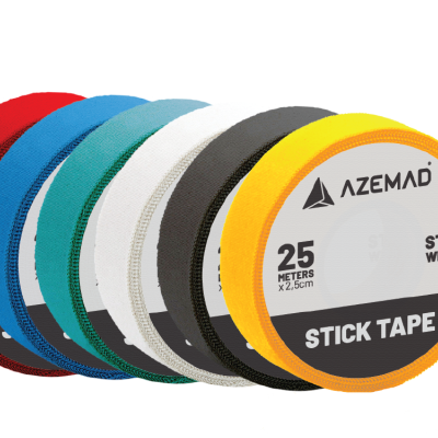 Sete rolos coloridos de fita adesiva Azemad com embalagem mostrando 25 metros e 2,5 cm.