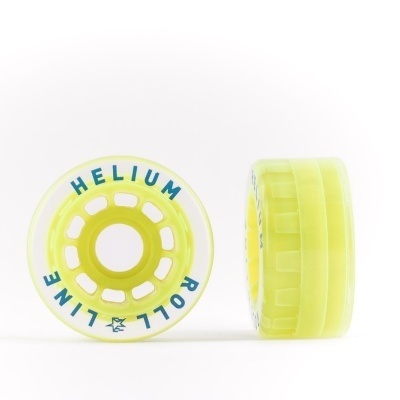 Rodas de skate amarelas transparentes com texto HELIUM ROLL LINE