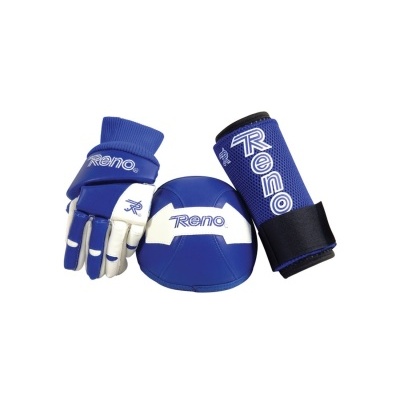 Conjunto desportivo azul e branco com logótipo Reno