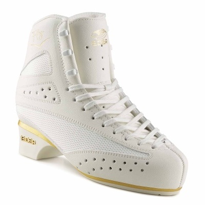 Patim branco para gelo com detalhes dourados e atacadores brancos