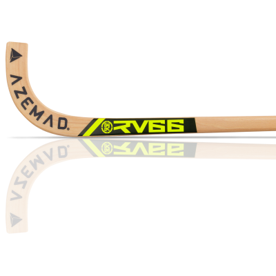 Pau de hóquei em madeira clara com logotipo e design em preto com verde néon.