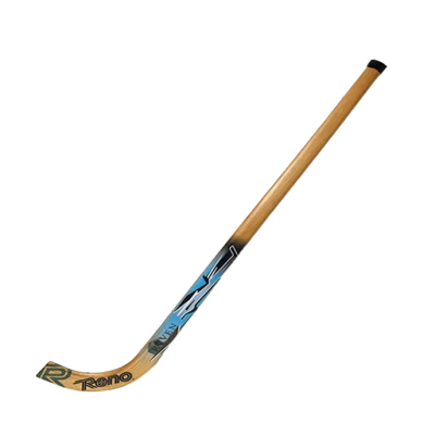 Taco de hóquei em madeira com design azul e preto e texto Reno e Raven Sky