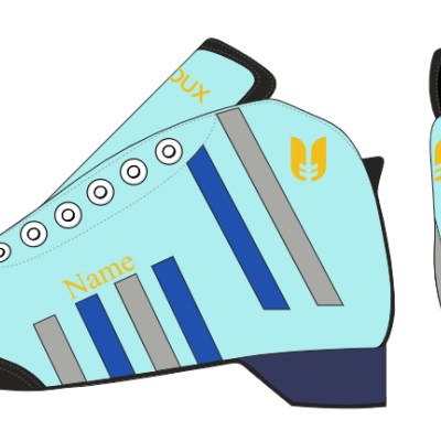 Calçado desportivo azul claro com detalhes em cinzento e preto, texto 'Name', 'DUX' e número 99 visíveis.