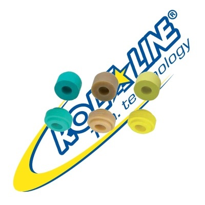 Seis pequenos acessórios cilíndricos de cores variadas sobre fundo com logo ROVALINE®