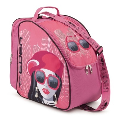 Mala rosa com ilustração de mulher com boina e óculos vermelhos