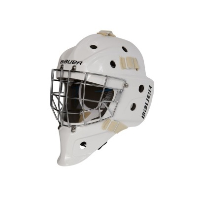 Capacete branco de hóquei no gelo com grelha metálica e tiras bege