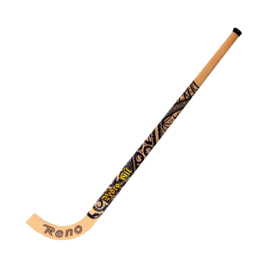 Stick de hóquei em madeira clara com padrão tribal preta e amarelo e texto Reno e C.CORE 101