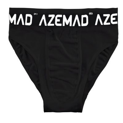 Cuecas pretas com cós elástico preto com texto branco 'AZEMAD'.