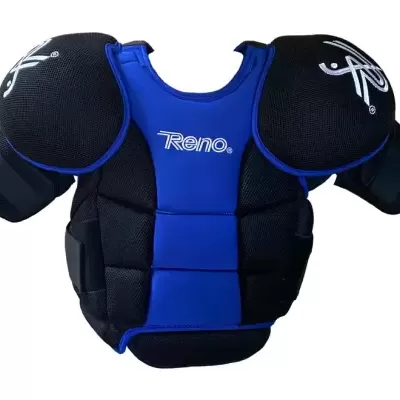 Protetor corporal acolchoado preto e azul com logo Reno