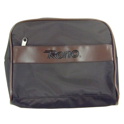 Mala preta com faixa castanha e etiqueta Reno em material têxtil e couro