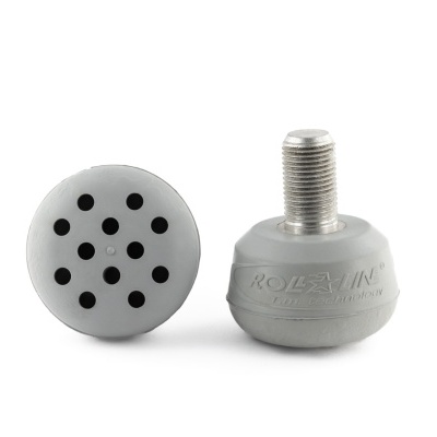 Apoios em borracha cinzenta com parafuso metálico prateado e buracos circulares