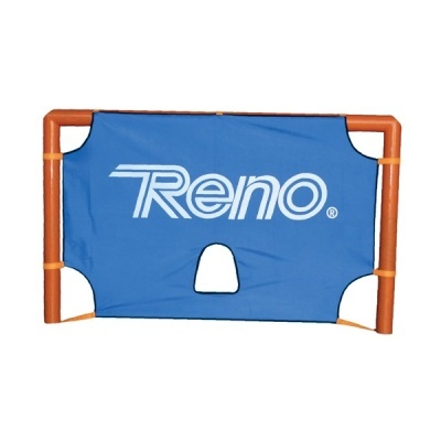 Rede desportiva azul com logótipo Reno fixada a estrutura laranja