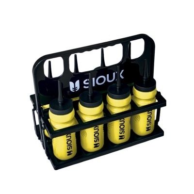 Conjunto de 4 garrafas amarelas com tampa preta e suporte preto da marca SIOUX